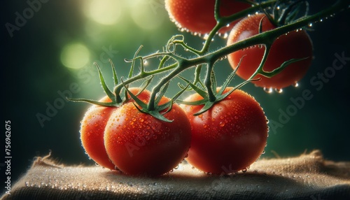 A medium shot of a cluster of ripe tomatoes on the vine with a focus on the dew drops.
