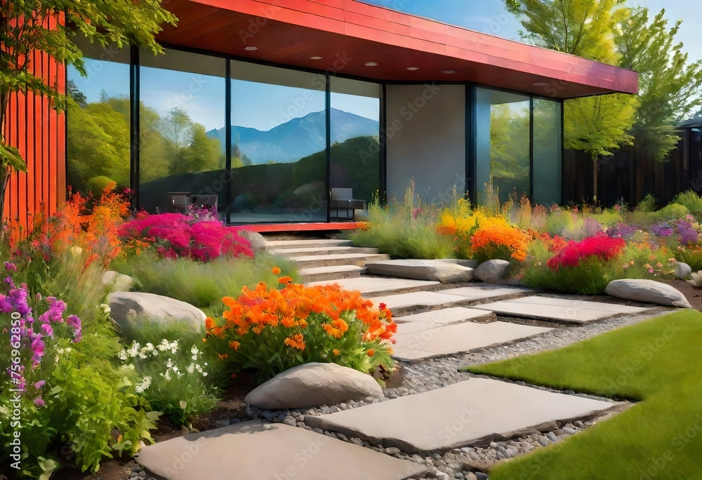 A vibrant garden harmonizes rocks and flowers, creating a picturesque tableau of color and texture under the sunlit sky-