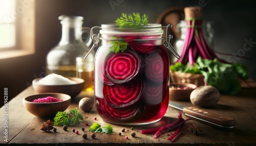 A highly detailed, medium shot image of pickled beetroots in a glass jar, with the focus on the rich, deep color of the beetroot slices inside. © FantasyLand86