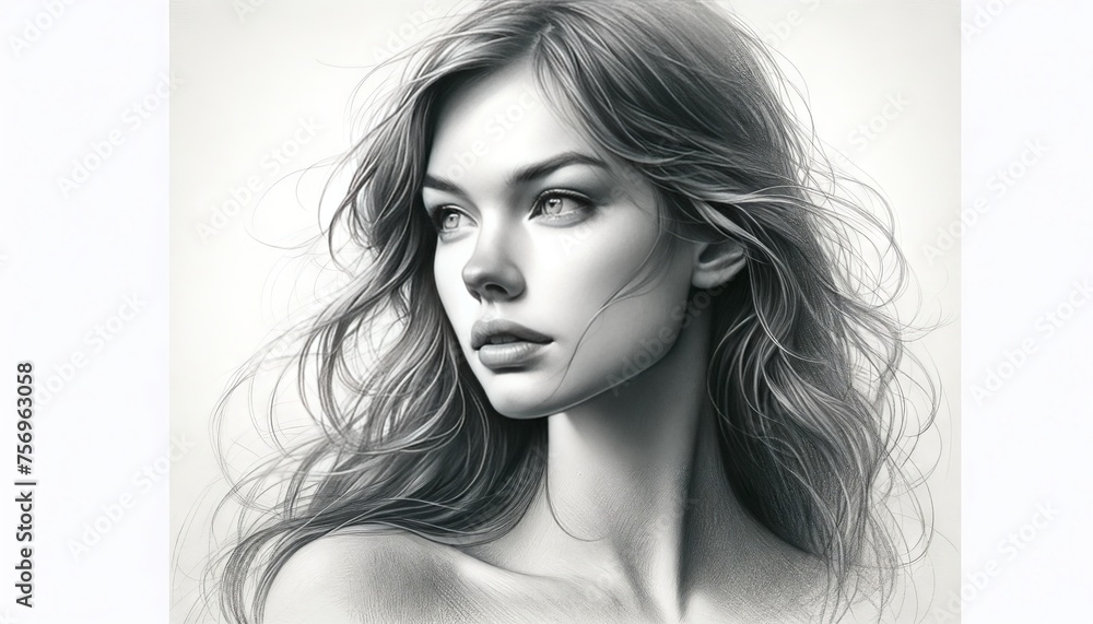 Naklejka premium A detailed, high-quality pencil sketch of a woman gazing into the distance, her hair softly blowing in the wind.