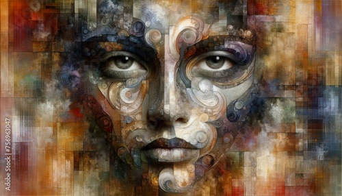 A detailed  high-quality mixed media abstract portrait  combining textures and patterns to form a compelling face.