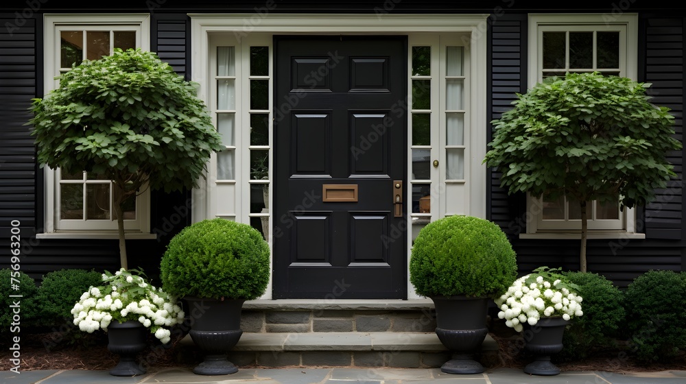 Black front door of a house adorned with gray potted plants