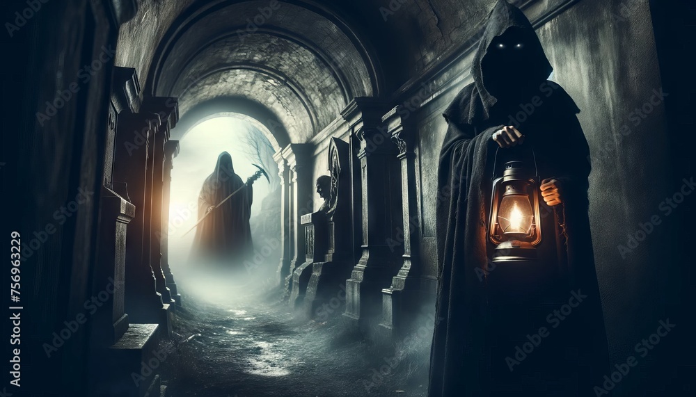 A cloaked figure holding a lantern, revealing just a glimpse of their grim face, stands at the entrance of a shadowy, foreboding crypt. - obrazy, fototapety, plakaty 