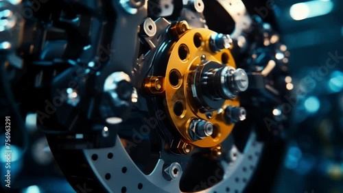 The intricate inner workings of the brake caliper are revealed in a closeup shot with the camera zooming in on the gears bolts and other mechanical parts. photo