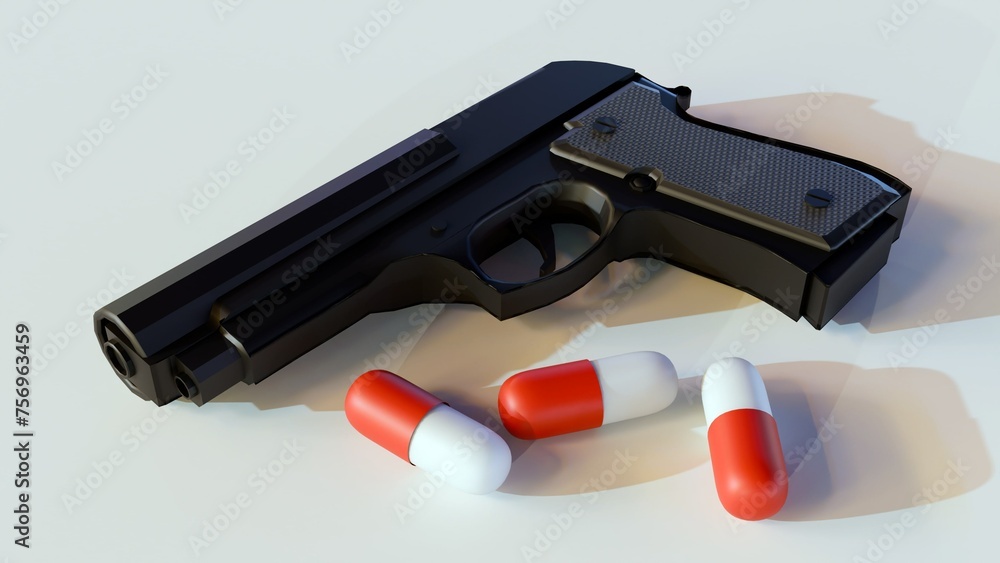 3d rendering of drugs capsule and gun - obrazy, fototapety, plakaty 
