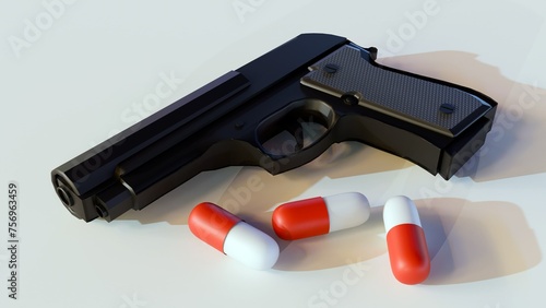 3d rendering of drugs capsule and gun photo