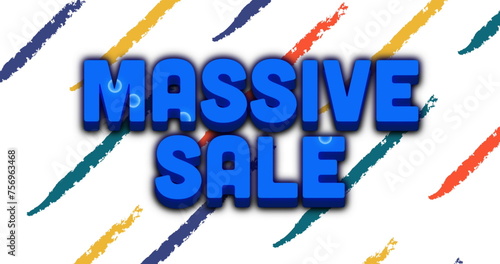 Image of massive sale text vibrant letters over multi coloured lines on white