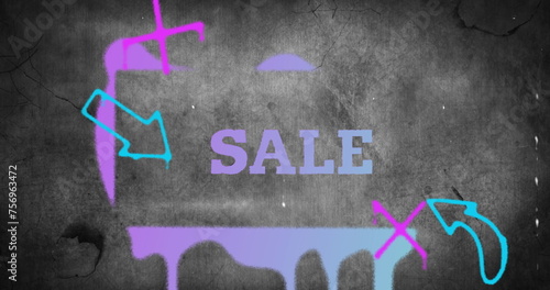 Image of sale text in purple with sprayed shapes over distressed grey background