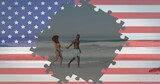 Image of american flag jigsaw puzzles revealing confetti and couple dancing on beach