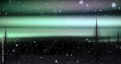 Image of snowflakes and northern lights over forest landscape