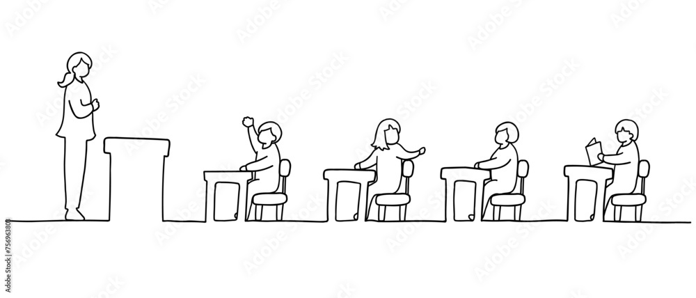 授業中の子ども達と先生の線画イラスト 授業中の子ども達と先生の線画イラスト