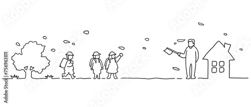 下校中の子どもたちと見守るおじいさんの風景線画イラスト