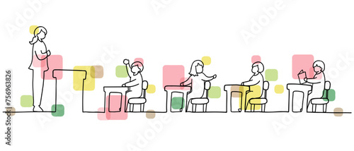 授業中の子ども達と先生の線画イラスト