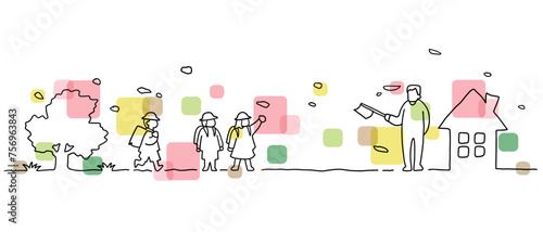 下校中の子どもたちと見守るおじいさんの風景線画イラスト