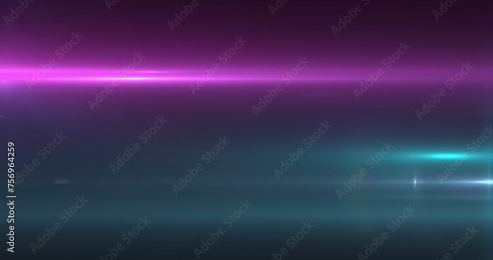 Image of pink spotlight with lens flare and light beams moving over dark background