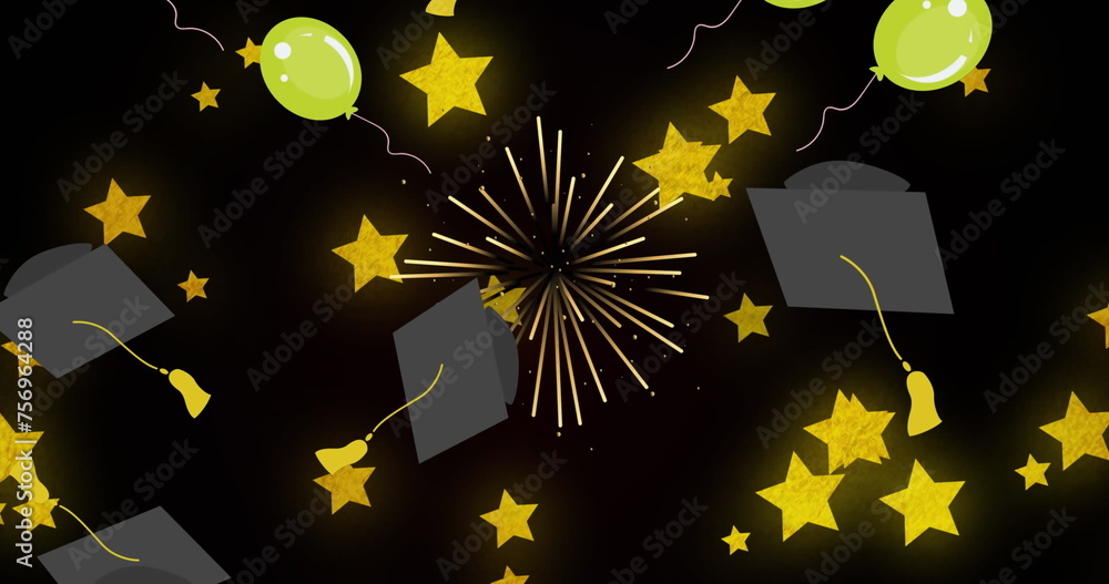 Fototapeta premium Image of balloons flying and graduation hats over stars on background