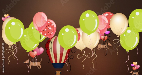 Image of colorful balloons and flying dogs over hot air balloon