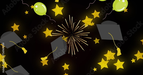 Image of balloons flying and graduation hats over stars on background