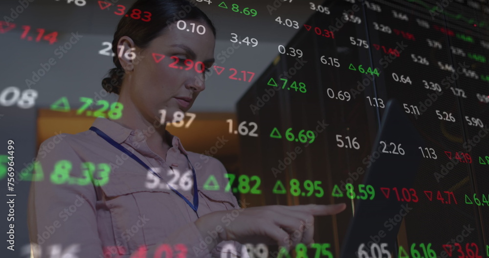 Obraz premium Image of data processing over caucasian female it engineer with laptop checking computer servers