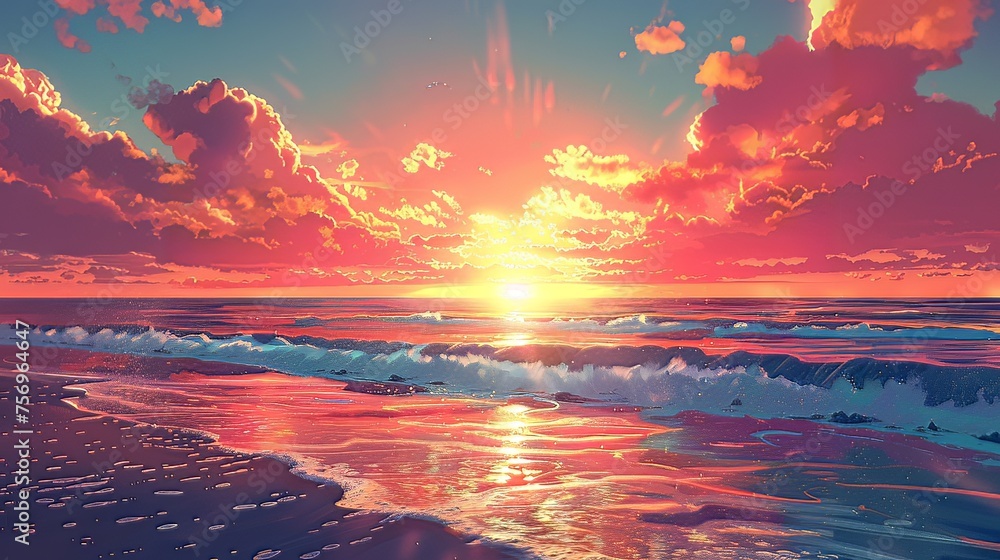 A breathtaking view showcasing the sunset on the beach.