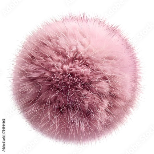 Close up of pink rabbit fur pompom isolated on white background