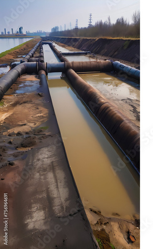 Environmental damage concept, Industrial and factory wastewater discharge pipe into the canal and sea, dirty water pollution, Sewage pipe outfall into ... See More photo
