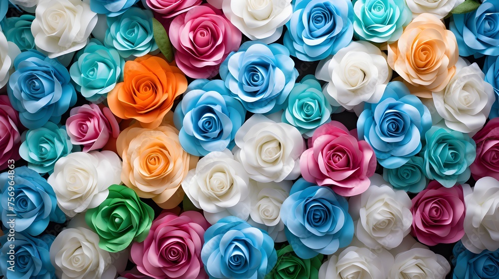 Colorful Background with Blue and White Roses on grass