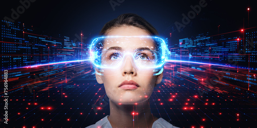 Businesswoman in vr headset hologram and connection. Ai generative illustration