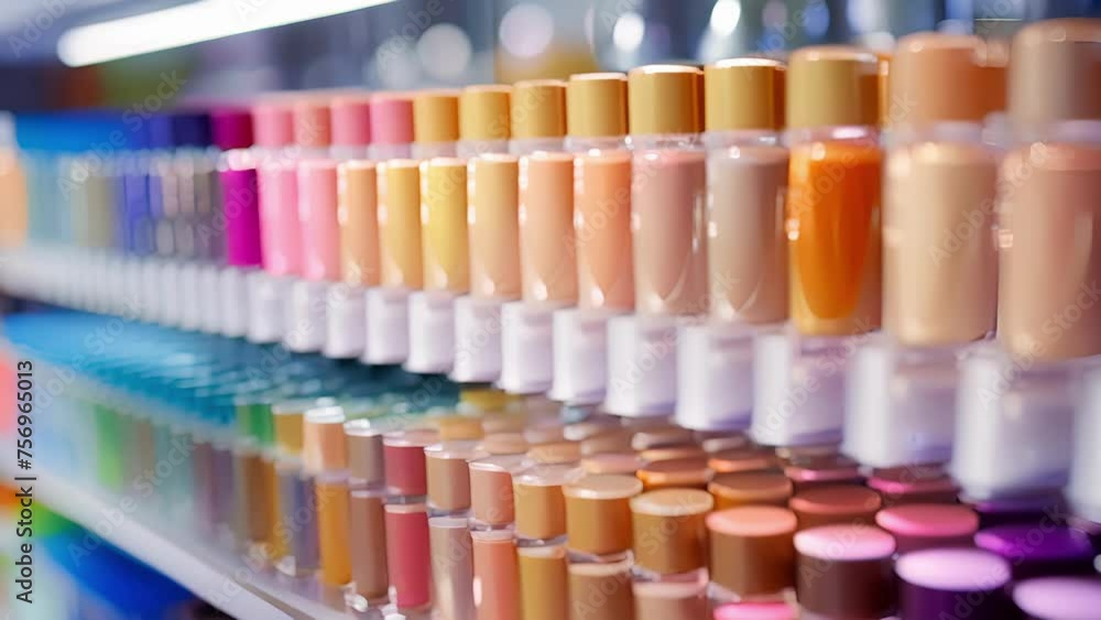 Rows of colorful plastic tubes being filled with liquid foundation showcasing the variety and diversity of shades available in the cosmetics market. Rows of colorful plastic tubes being filled with liquid foundation showcasing the variety and diversity of shades available in the cosmetics market.