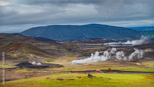Geothermal plants, hot springs near Hverfjall crater of volcanoe, Storagja and Grjotagja cracks and Myvatn lake, Iceland.