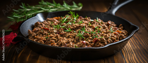 Browned ground beef in cast iron skillet.