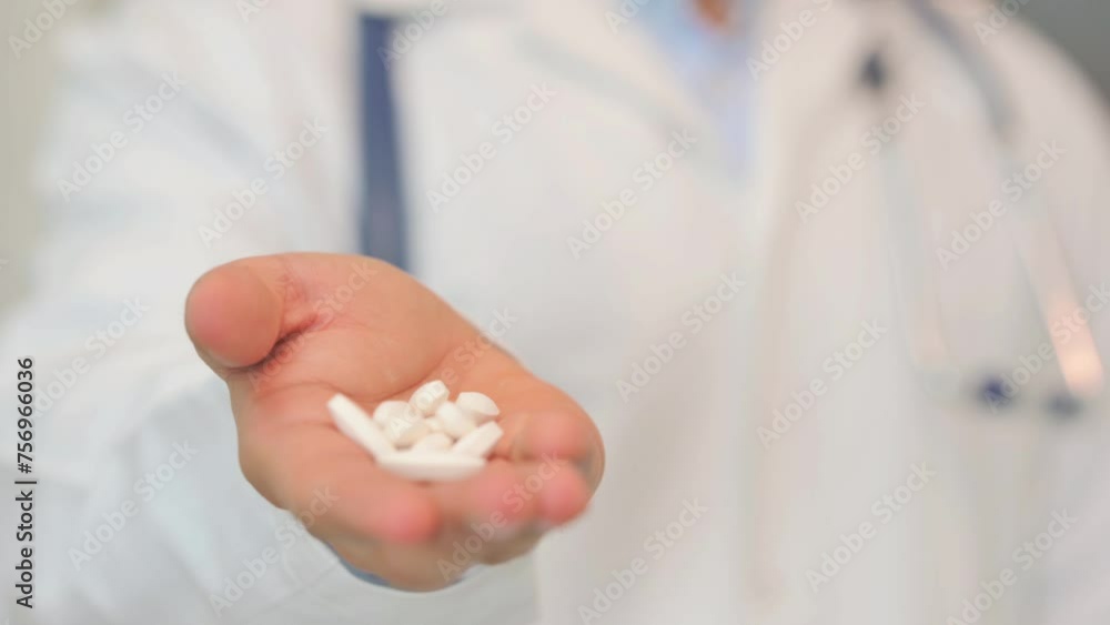 Close up of Doctor Offering Tablets in Hand Close up of Doctor Offering Tablets in Hand