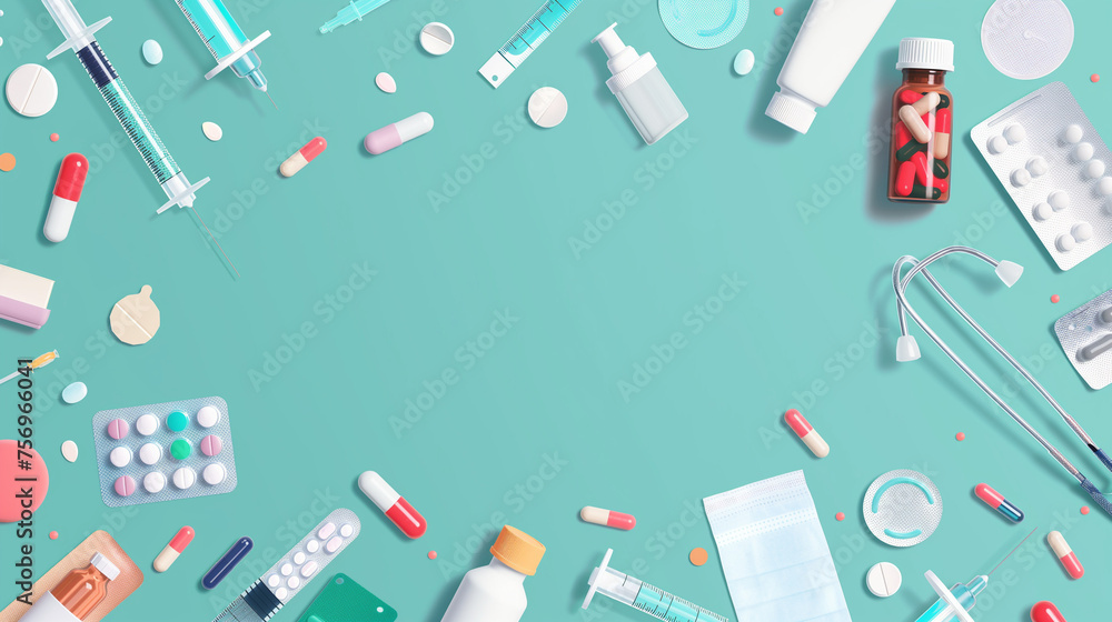 Banner with medical items, copyspace. Tablets and pills, stethoscope, medicine spitz. Medicine and healthcare, pharmacy concept. Top view. Banner with medical items, copyspace. Tablets and pills, stethoscope, medicine spitz. Medicine and healthcare, pharmacy concept. Top view.