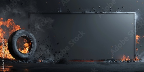 illustration of burning tires and poster frame on black background, design for advertising poster banner photo