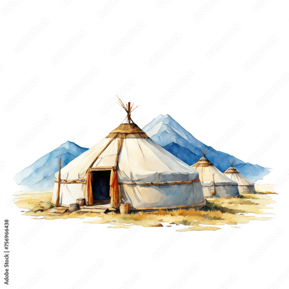 Nomadic yurt camp in Mongolian steppes watercolor illustration, cute vector art clipart, camping trekking, travelling camp