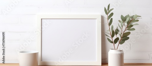A rectangular picture frame sits on a wooden table next to a flowerpot with a houseplant. The wooden table is adorned with a plant in a vase