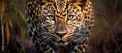 Close up of a Leopard, a Felidae organism and Carnivore, with whiskers and hair on its head, a member of the Big Cats family, like the Jaguar, standing in the grass looking at the camera