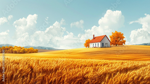 The golden wheat field fills the entire picture there is an earthen house in the distance
