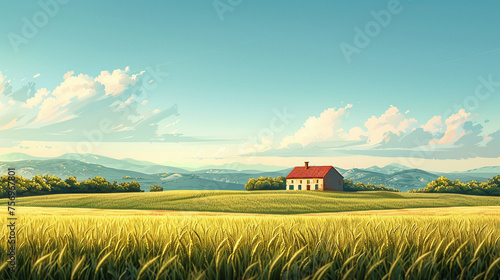 The green wheat field fills the entire picture there is an earthen house in the distance