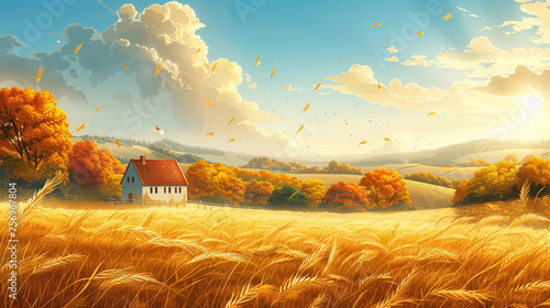 The golden wheat field fills the entire picture  there is an earthen house in the distance