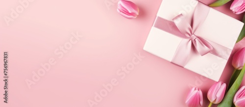 A white gift box adorned with a pink ribbon sits among pink tulips on a soft pink background, exuding sweetness and happiness © AkuAku