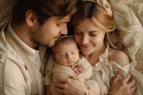 Professional Photography of a newborn posed in a sweet embrace with their parents, Generative AI