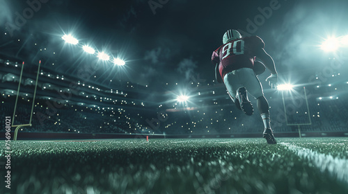 American Football Player Running for a Touchdown in Dramatic Stadium Lights, Sports Action Shot for Competitive Sports Marketing, Generative AI

 photo