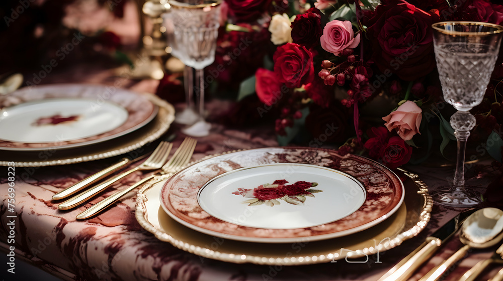 table setting featuring gold-rimmed plates, rose gold cutlery, and a floral centerpiece table setting featuring gold-rimmed plates, rose gold cutlery, and a floral centerpiece