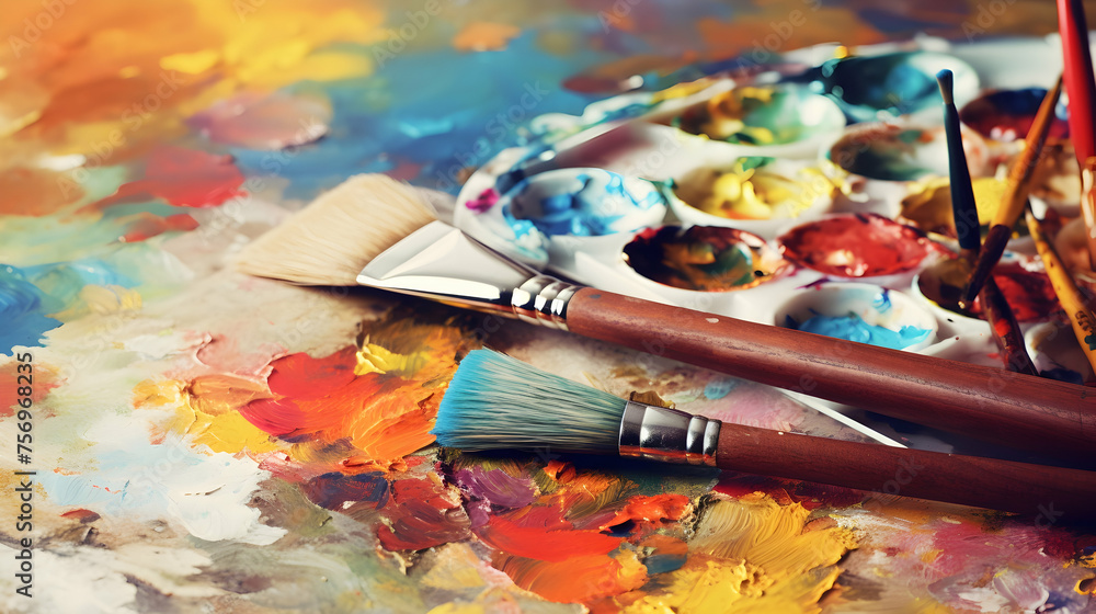 painting palette of Artist with brushes. Craft hobby background