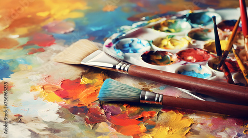 painting palette of Artist with brushes. Craft hobby background