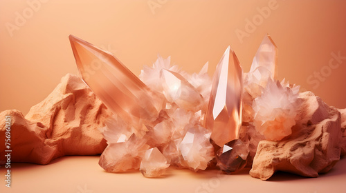 Peach Fuzz Trendy quartz stone crystals on peach satin background
