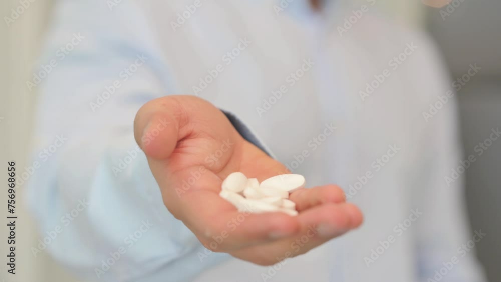 Man with Pills in Hand, Offering Tablets Man with Pills in Hand, Offering Tablets