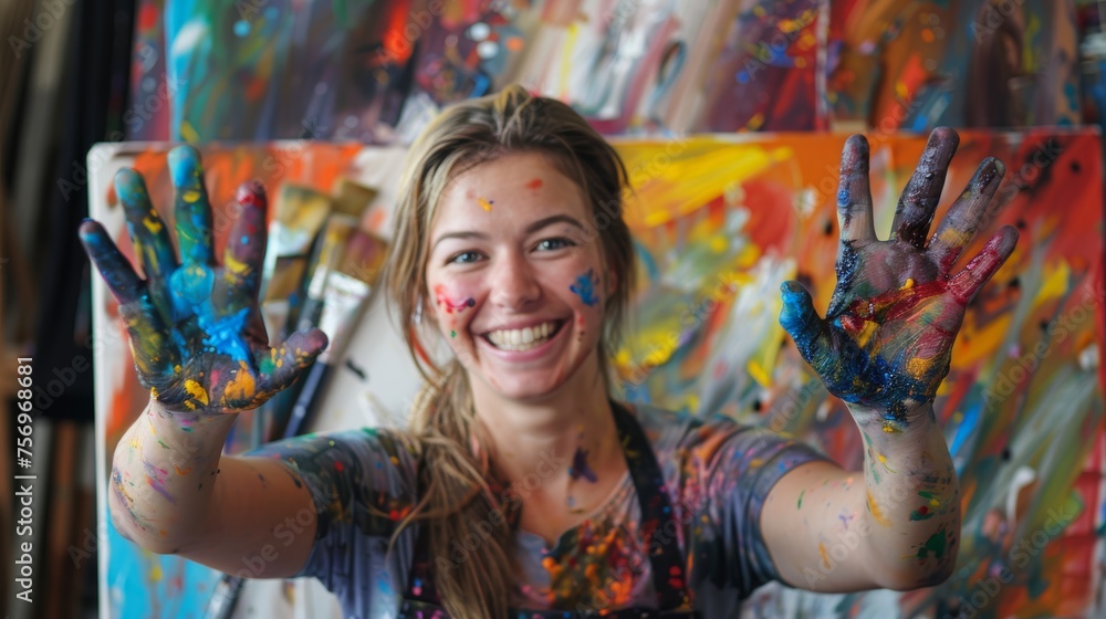 A woman with paint-splattered hands and a vibrant smile holds up a canvas, brimming with creative energy.