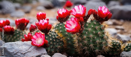 A closeup shot of a redflowered cactus plant surrounded by rocks, creating a beautiful and picturesque landscape view photo